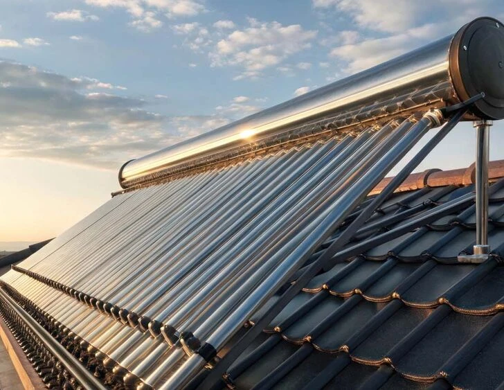 Capteurs solaires thermiques à tubes et leur ballon d’eau chaude installés sur un toit en tuiles, au coucher du soleil